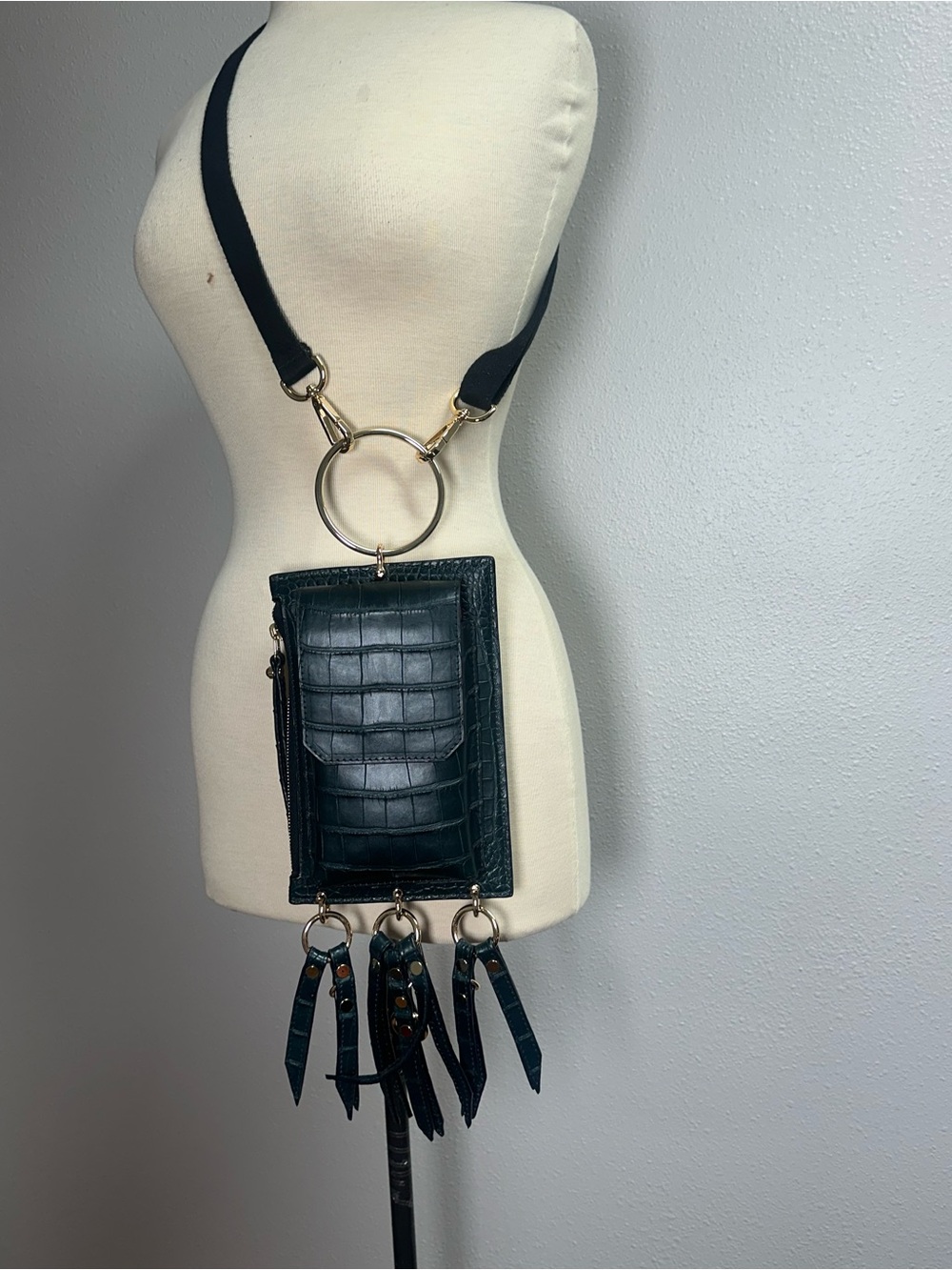 Custom Alligator Black Crossbody Bag with Ring Detail